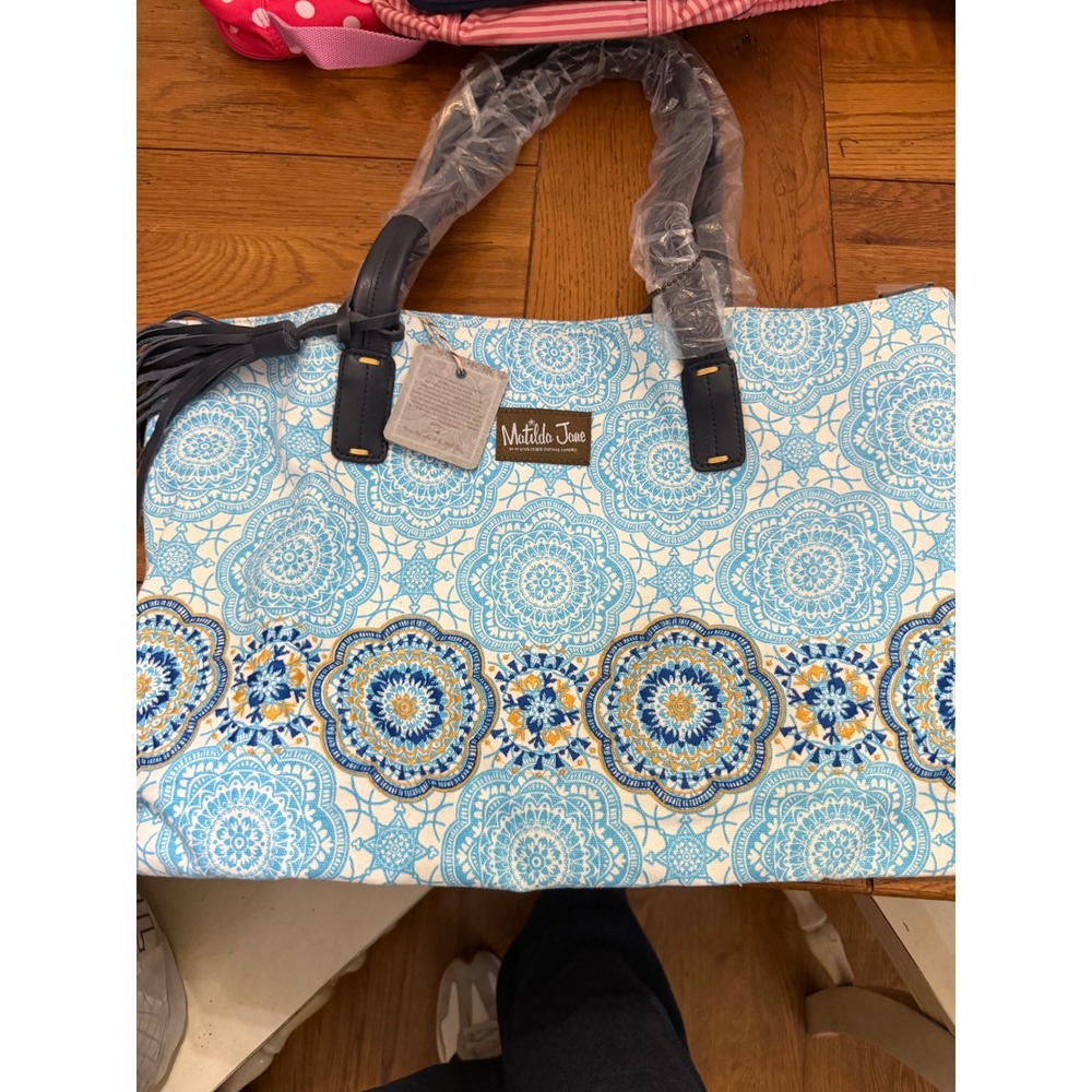 Matilda Janeβ Boho Mandala Print Tote Bag Navy Blue Leather Fringe Tassel